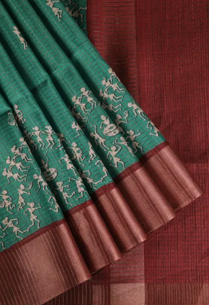 Mint Green Tussar Saree with Copper Zari Kalam Kari Pattern