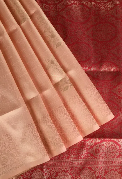 Peach Pink Apoorva Silk Sarees with Bronze Zari Geometric Shapes