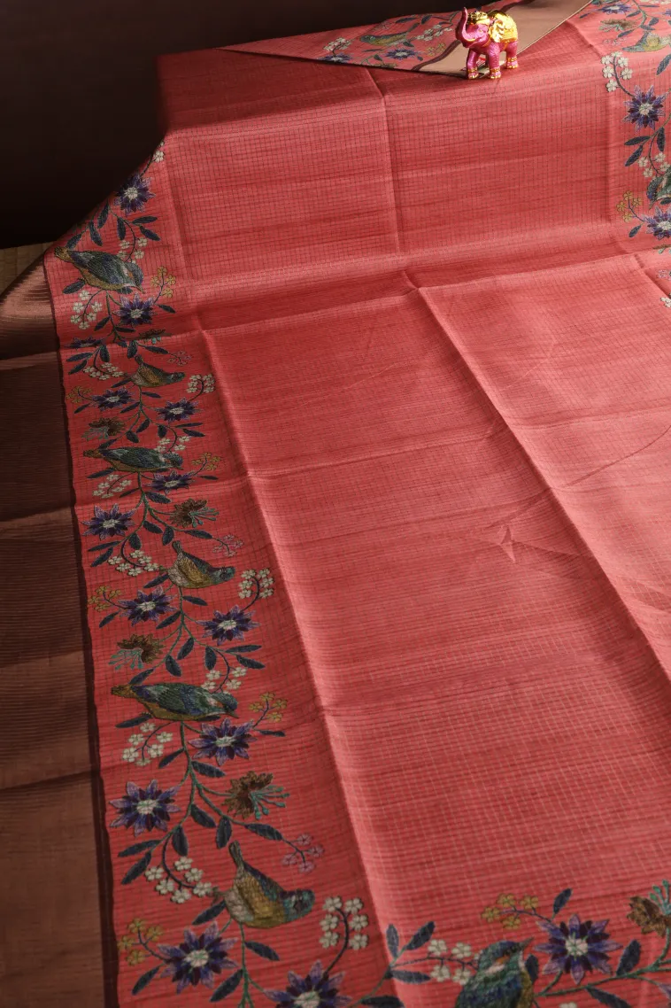 Punch Pink Tussar Saree with Copper Zari Small Checks Pattern view 2