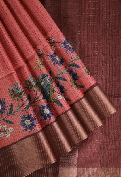 Punch Pink Tussar Saree with Copper Zari Small Checks Pattern