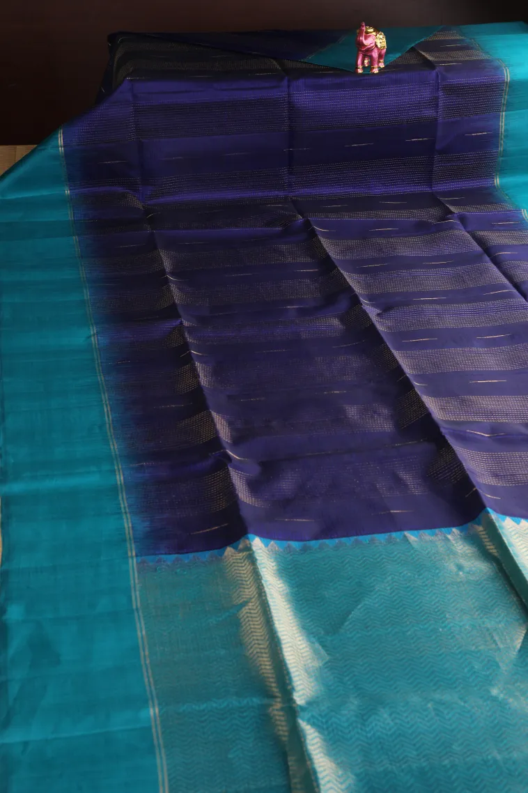 Berry Blue Soft Silk Saree with Gold Zari Stripes view 2