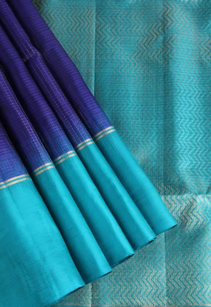 Berry Blue Soft Silk Saree with Gold Zari Stripes