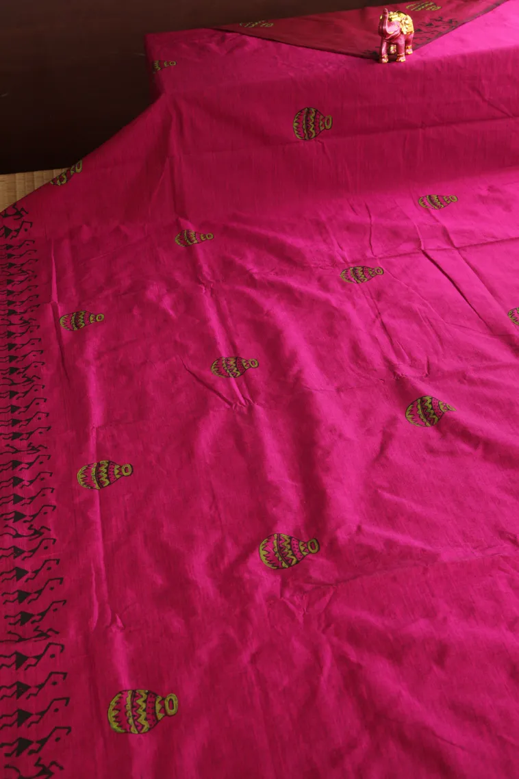Magenta Purple Poly Cotton Sarees Without Zari With Tribal Or Folk Art view 2