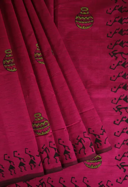 Magenta Purple Poly Cotton Sarees Without Zari With Tribal Or Folk Art