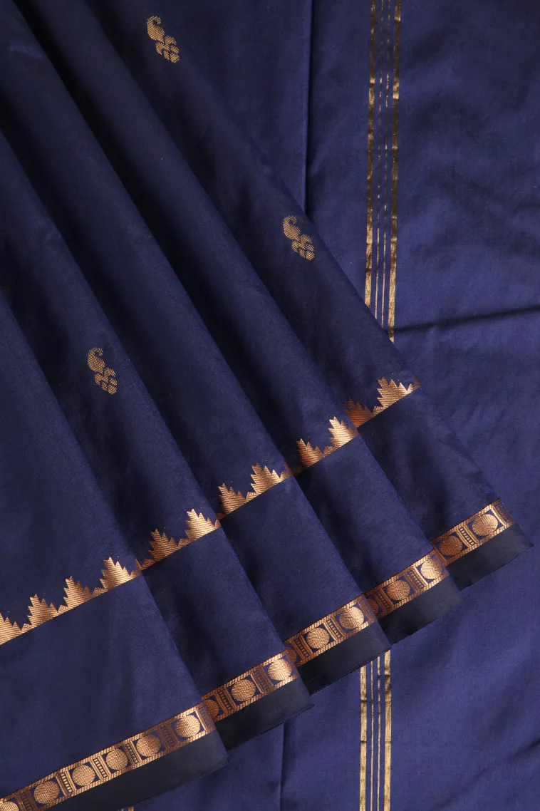 Indigo Blue Soft Silk Saree with Gold Zari Buttis (small Dots Or Motifs)