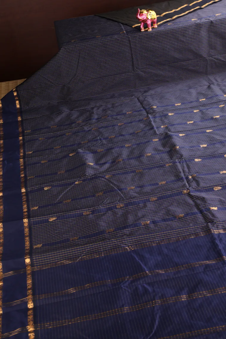 Indigo Blue Soft Silk Saree with Gold Zari Checks And Puttas view 2