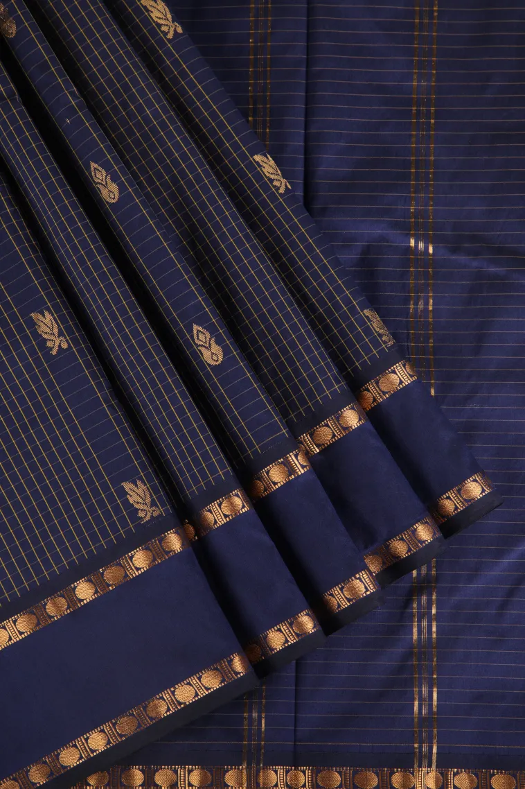 Indigo Blue Soft Silk Saree with Gold Zari Checks And Puttas