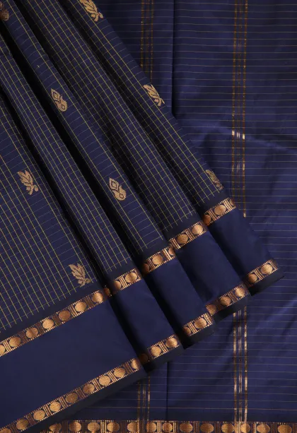 Indigo Blue Soft Silk Saree with Gold Zari Checks And Puttas