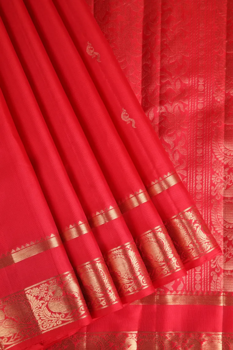 Rose Red Soft Silk Saree with Gold Zari Peacock Motifs
