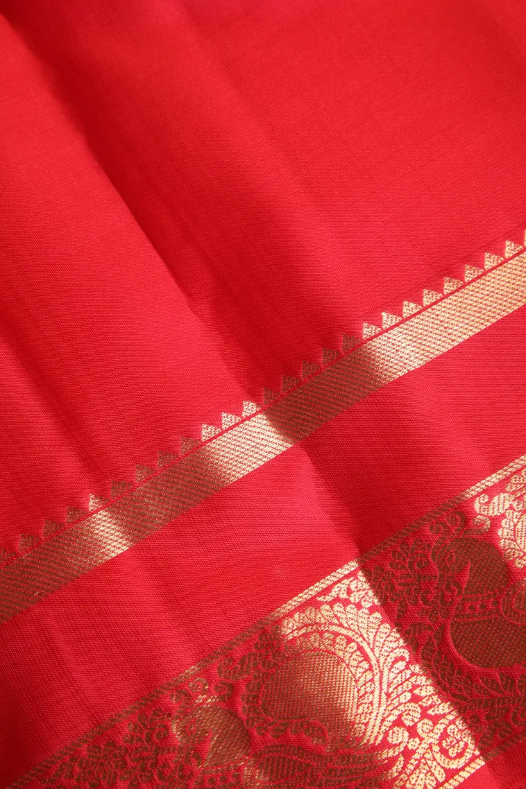 Rose Red Soft Silk Saree with Gold Zari Peacock Motifs view 3