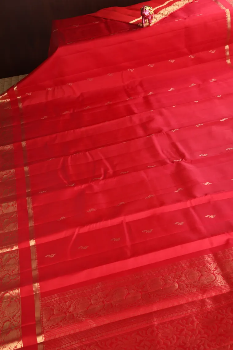 Rose Red Soft Silk Saree with Gold Zari Peacock Motifs view 2