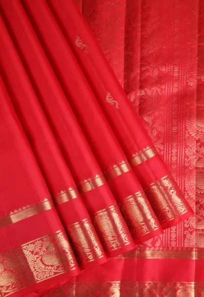 Rose Red Soft Silk Saree with Gold Zari Peacock Motifs