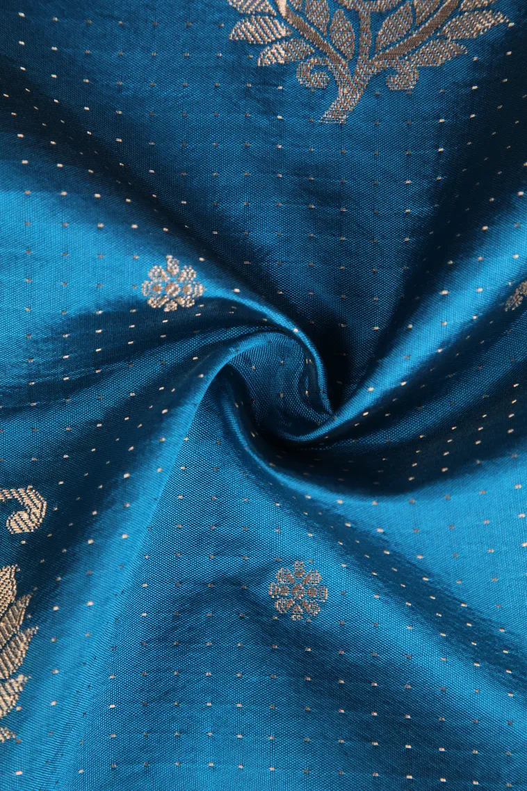 Cerulean Blue Raw Silk Sarees with Gold Zari Buttis (small Dots Or Motifs) view 4