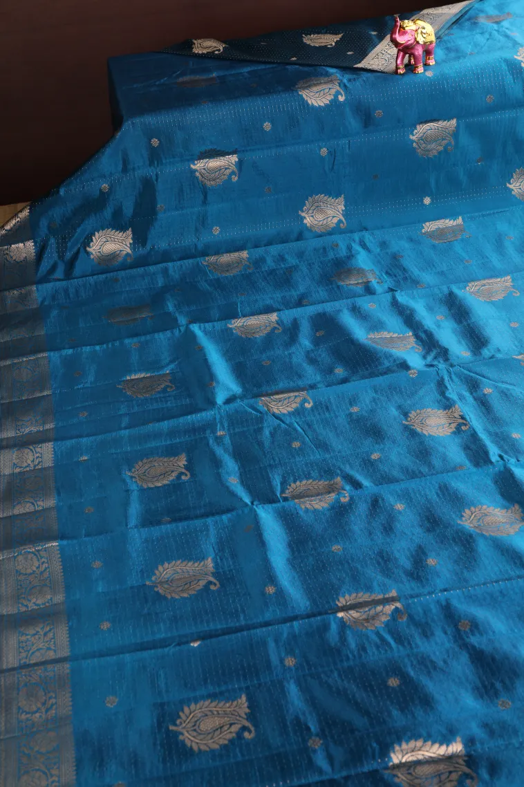 Cerulean Blue Raw Silk Sarees with Gold Zari Buttis (small Dots Or Motifs) view 2