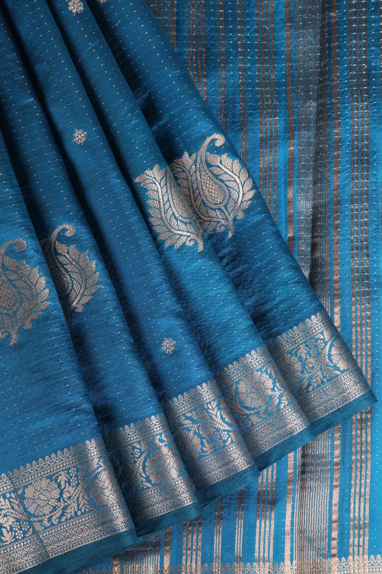 Cerulean Blue Raw Silk Sarees with Gold Zari Buttis (small Dots Or Motifs)