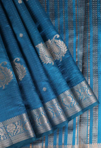 Cerulean Blue Raw Silk Sarees with Gold Zari Buttis (small Dots Or Motifs)