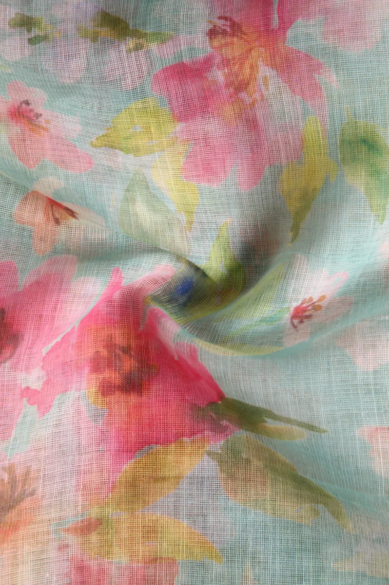 Sky Blue Linen Saree with Silver Zari Floral Patterns view 4