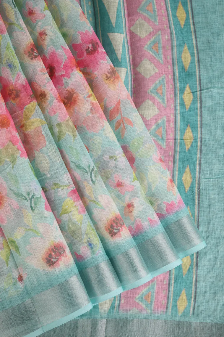 Sky Blue Linen Saree with Silver Zari Floral Patterns