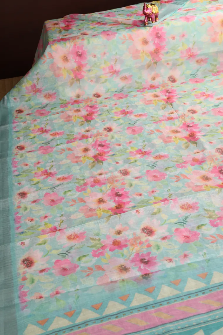 Sky Blue Linen Saree with Silver Zari Floral Patterns view 2