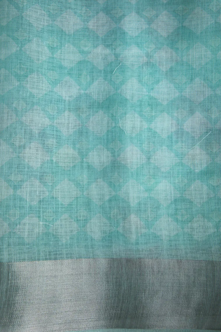 Sky Blue Linen Saree with Silver Zari Floral Patterns view 3