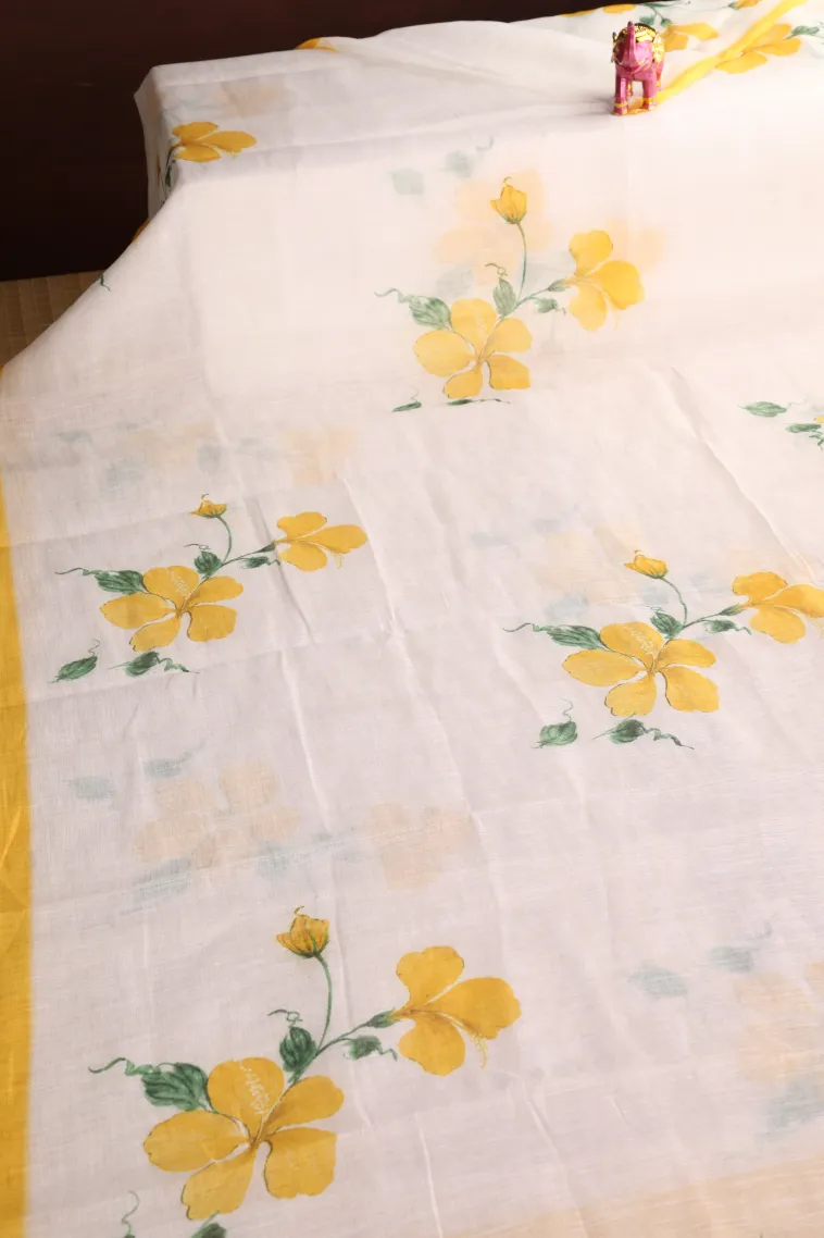 Cotton White Linen Saree Without Zari With Flower Mottif view 2