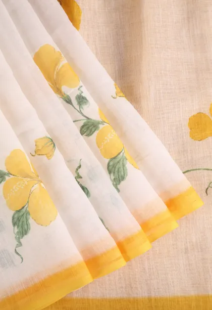 Cotton White Linen Saree Without Zari With Flower Mottif