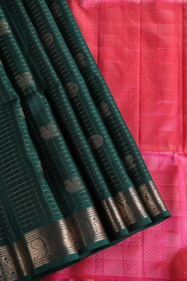 Bottle Green Soft Silk Saree with Gold Zari Peacock And Rudhractam