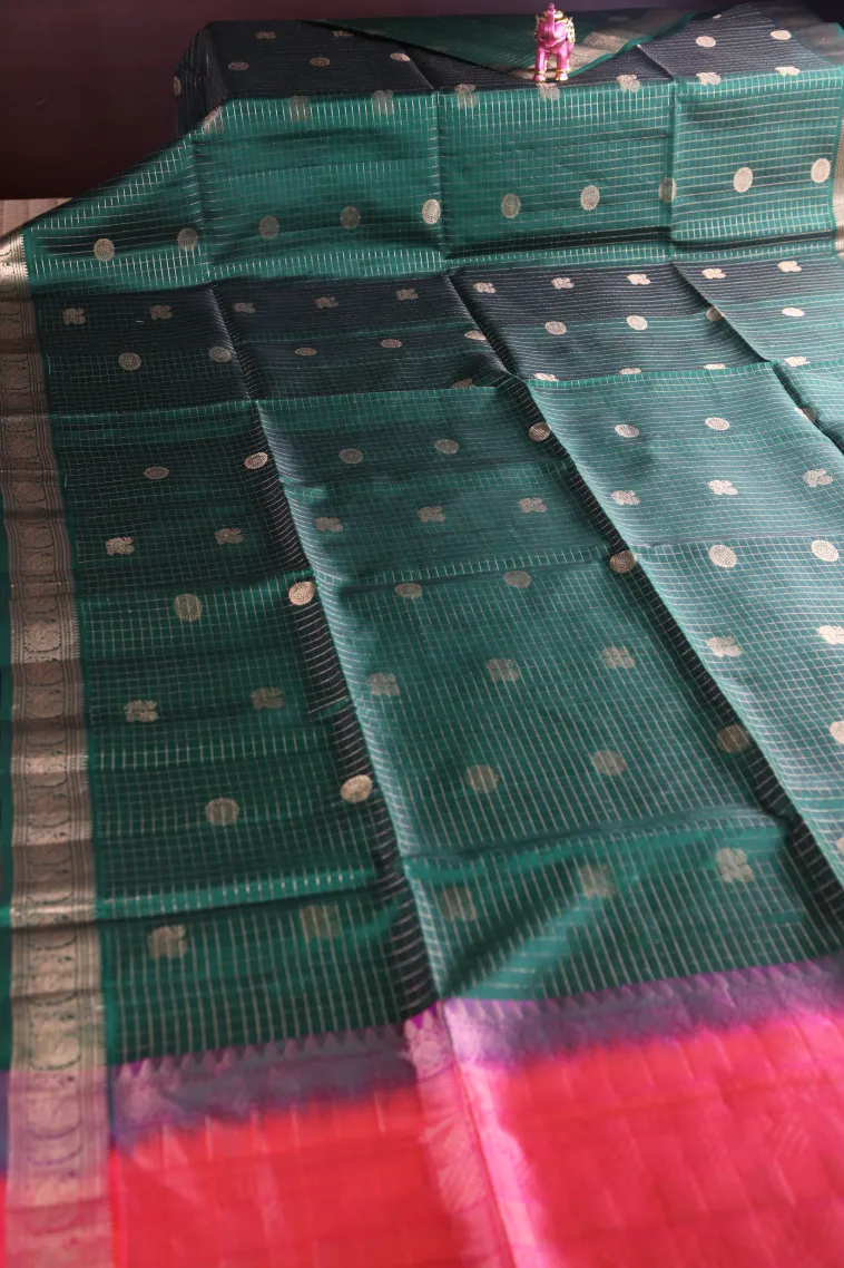 Bottle Green Soft Silk Saree with Gold Zari Peacock And Rudhractam view 2