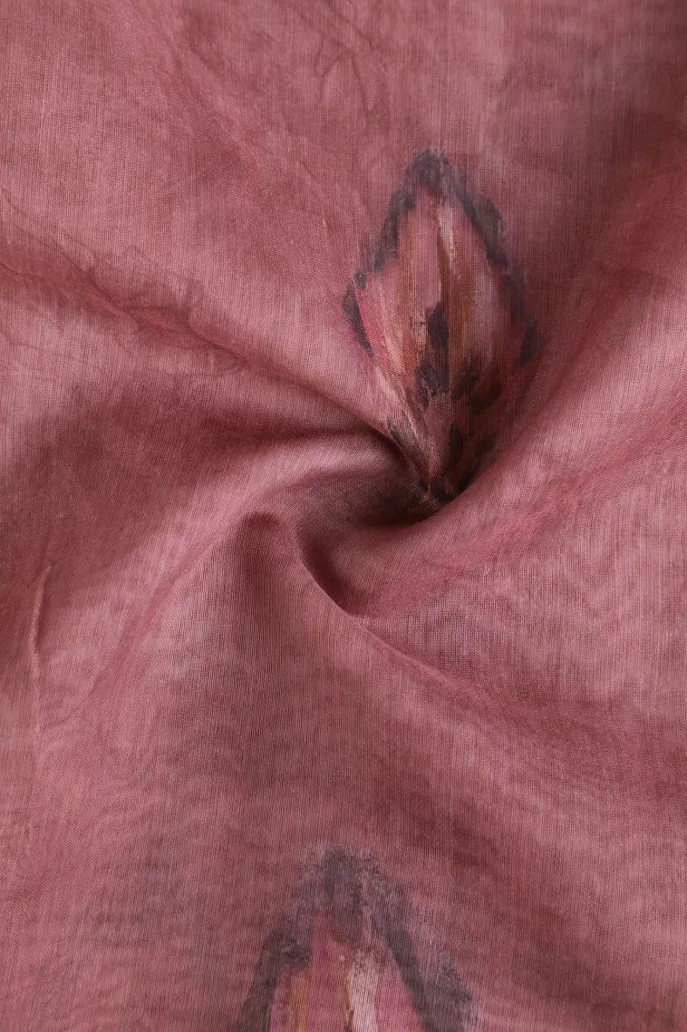 Rosewood Pink Semi Tussar Silk Without Zari With Leaf Pattern view 4