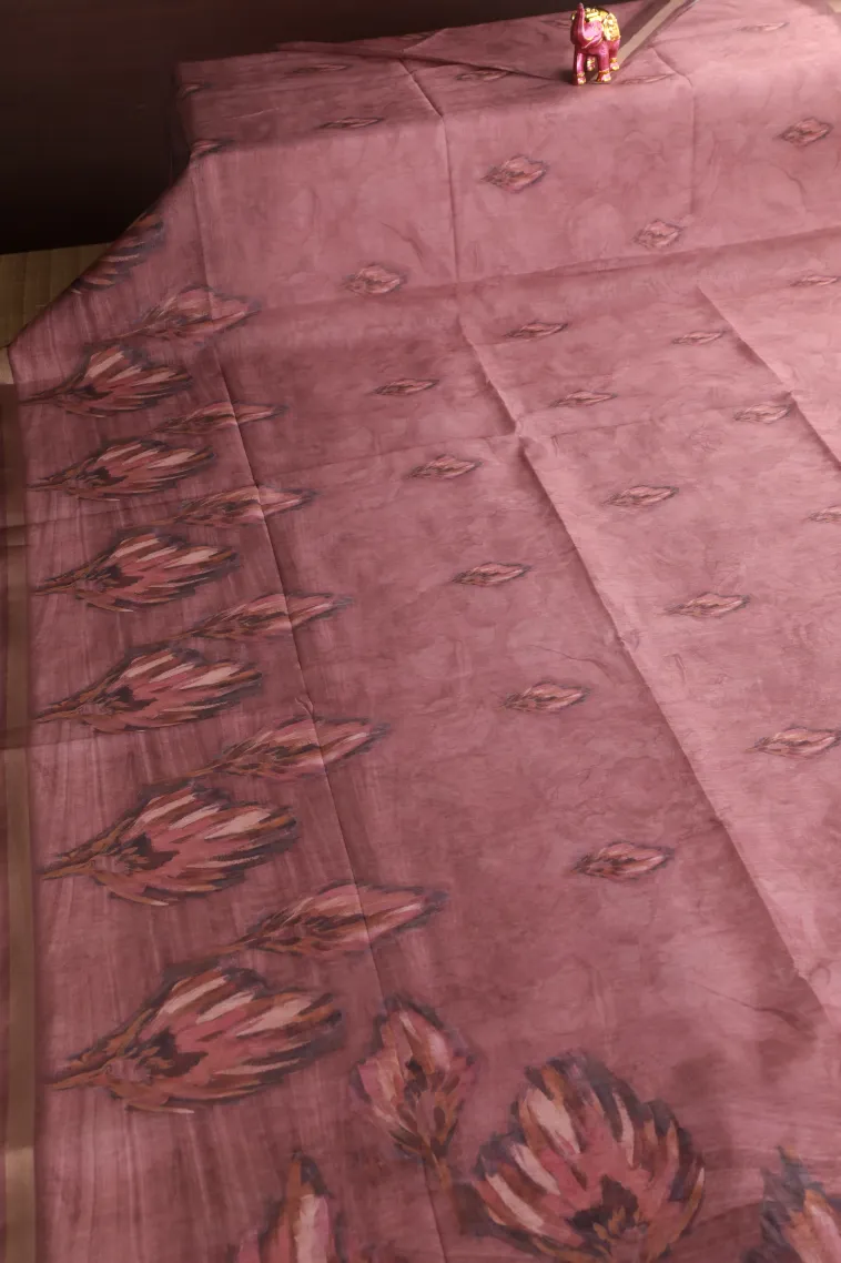 Rosewood Pink Semi Tussar Silk Without Zari With Leaf Pattern view 2