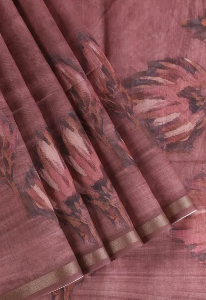 Rosewood Pink Semi Tussar Silk Without Zari With Leaf Pattern