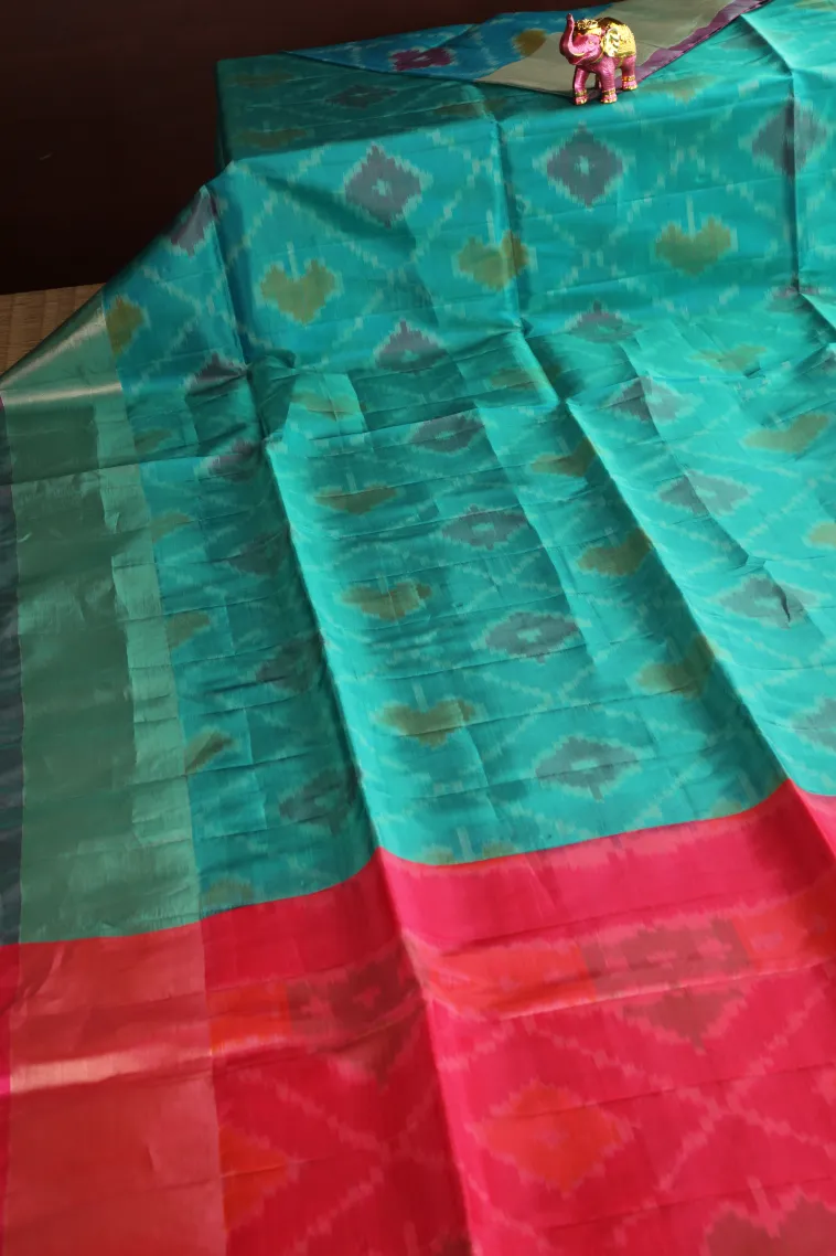 Sky Blue Pochampalli Saree Without Zari With Floral Patterns view 2