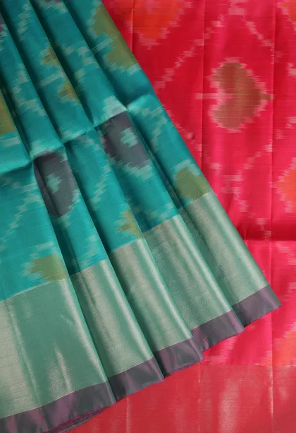 Sky Blue Pochampalli Saree Without Zari With Floral Patterns