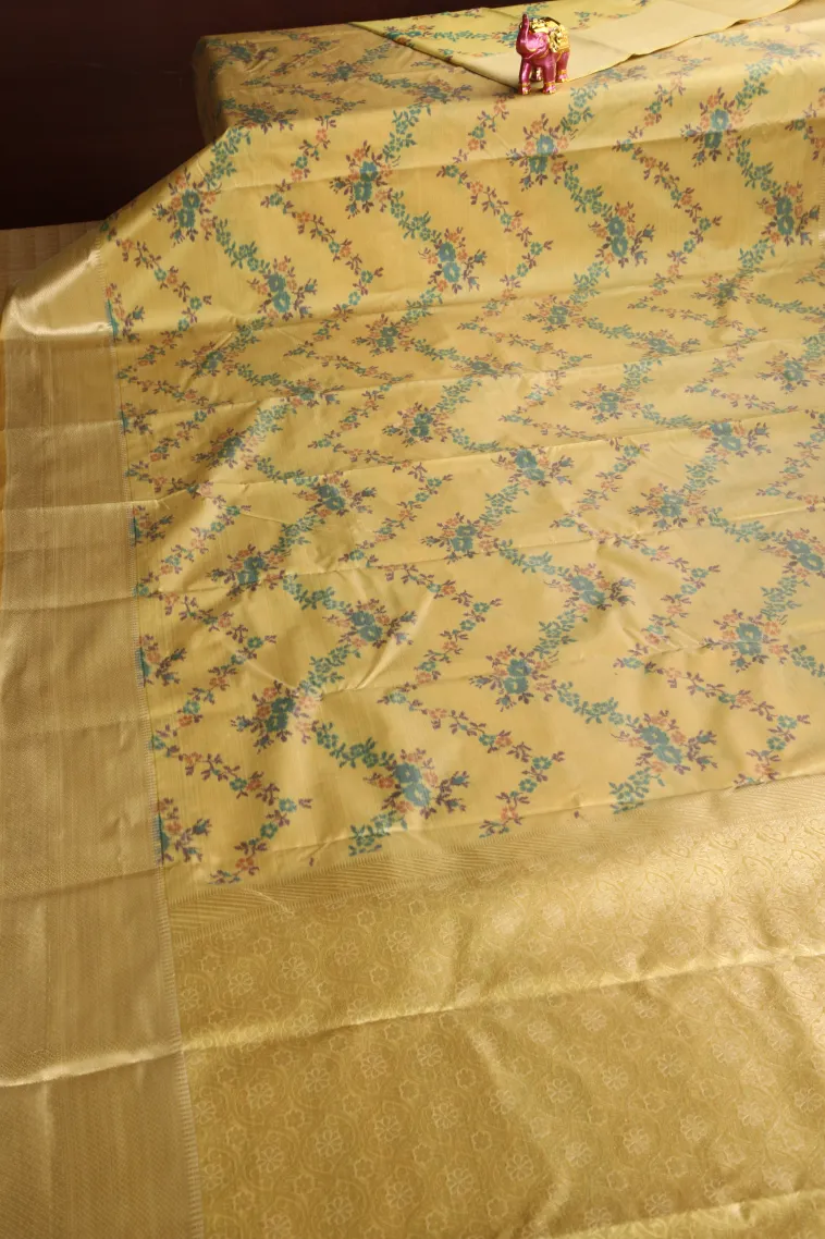 Lemon Yellow Soft Silk Sarees with Bronze Zari Floral Patterns view 2