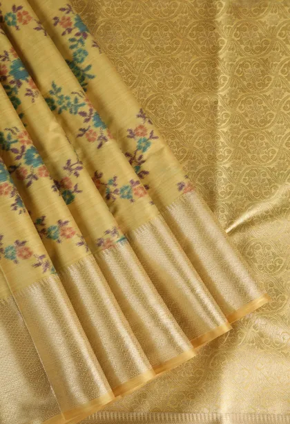 Lemon Yellow Soft Silk Sarees with Bronze Zari Floral Patterns