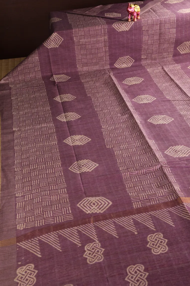 Grape Purple Semi Tussar Silk with Gold And Silver Zari Geometric Shapes view 2
