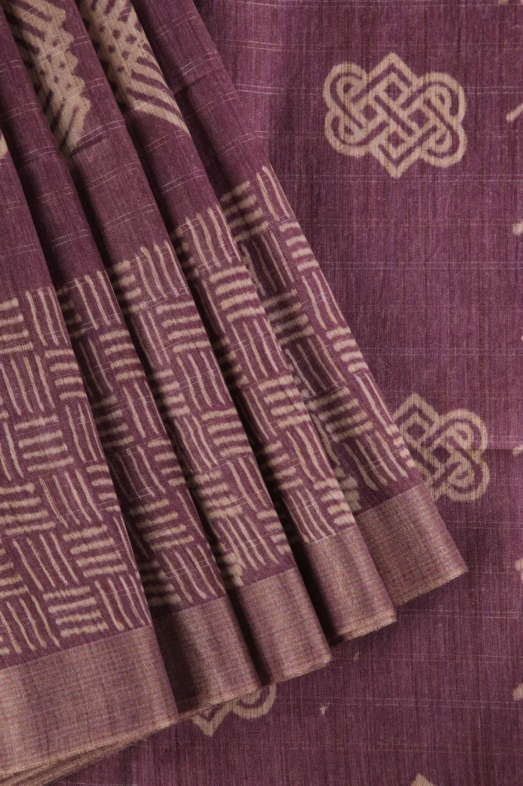 Grape Purple Semi Tussar Silk with Gold And Silver Zari Geometric Shapes