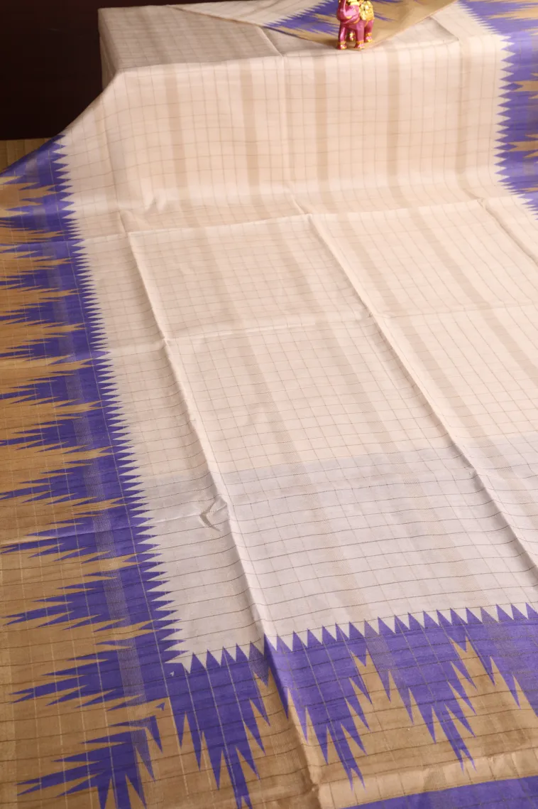 Ivory White Tussar Saree with Gold Zari Checks view 2