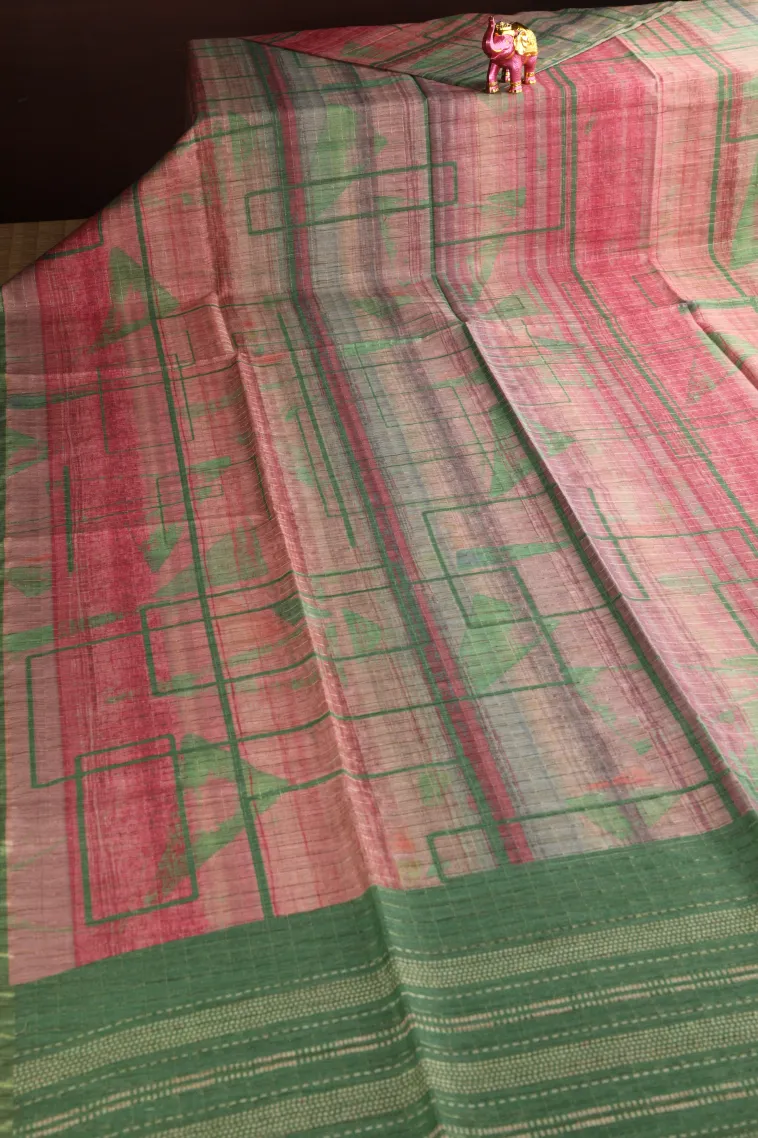 Punch Pink Semi Tussar Silk with Gold Zari Geometric Shapes view 2