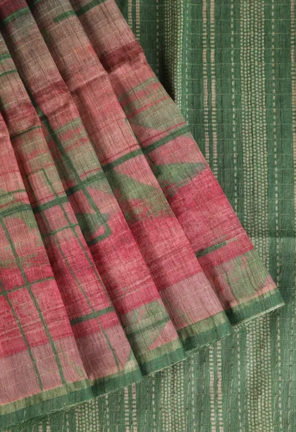 Punch Pink Semi Tussar Silk with Gold Zari Geometric Shapes