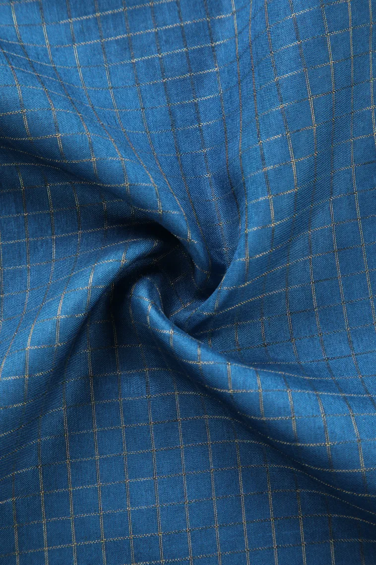 Cerulean Blue Semi Tussar Silk with Gold Zari Small Checks Pattern view 4