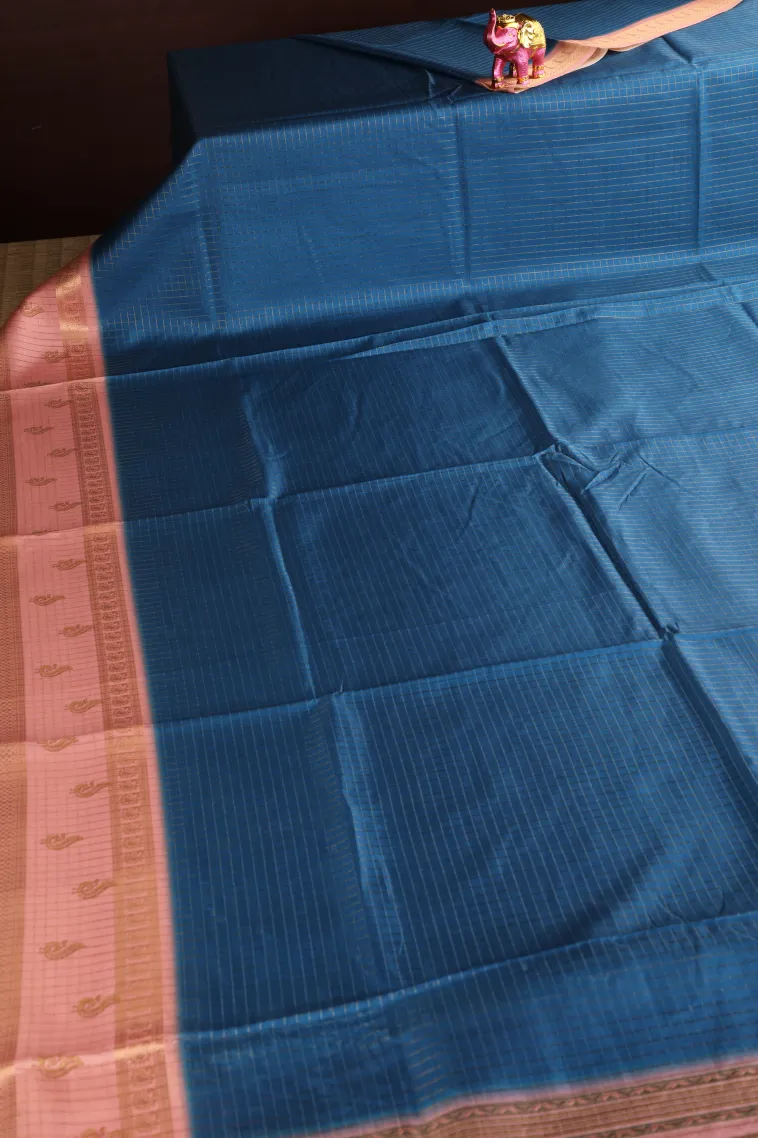Cerulean Blue Semi Tussar Silk with Gold Zari Small Checks Pattern view 2