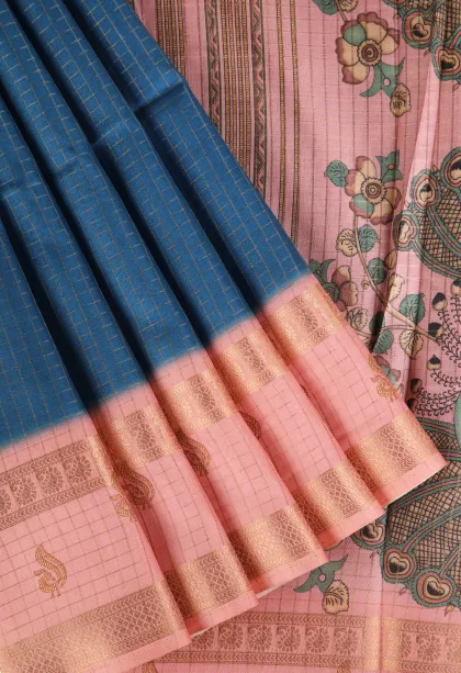 Cerulean Blue Semi Tussar Silk with Gold Zari Small Checks Pattern