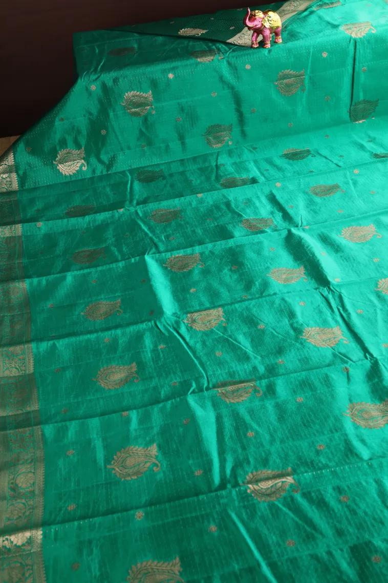 Seaweed Green Raw Silk Sarees with Gold Zari Buttis (small Dots Or Motifs) view 2