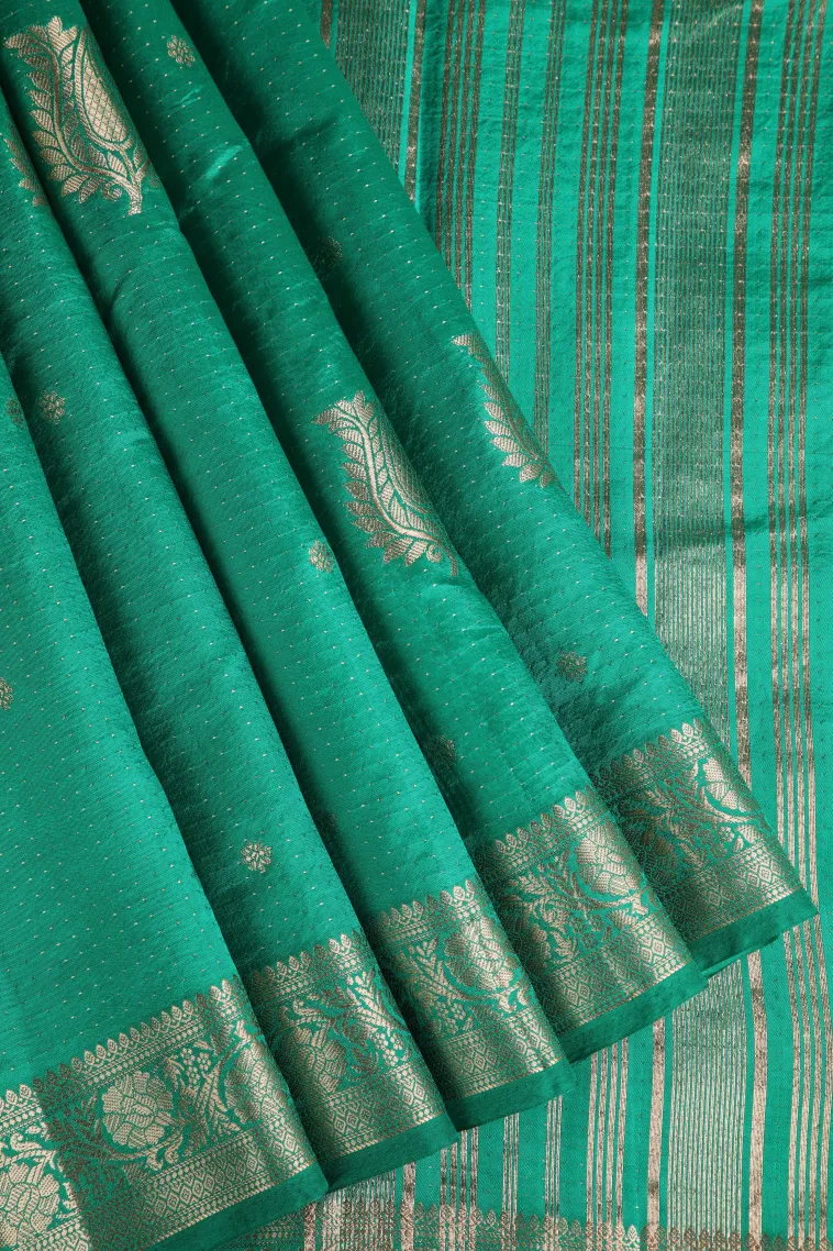 Seaweed Green Raw Silk Sarees with Gold Zari Buttis (small Dots Or Motifs)