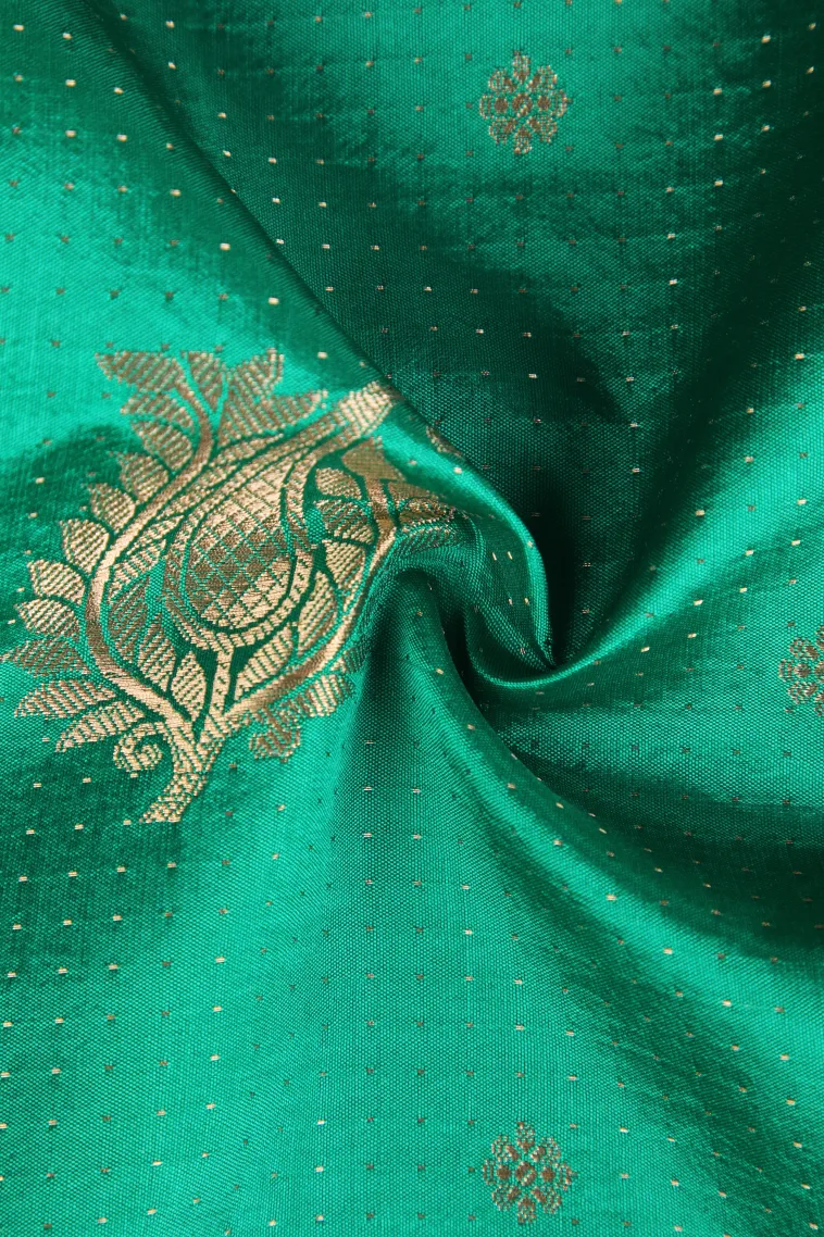 Seaweed Green Raw Silk Sarees with Gold Zari Buttis (small Dots Or Motifs) view 4