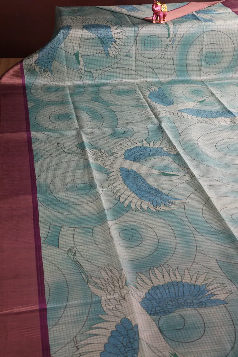 Cerulean Blue Jute Sarees with Antic Zari Animal And Bird Motifs view 2