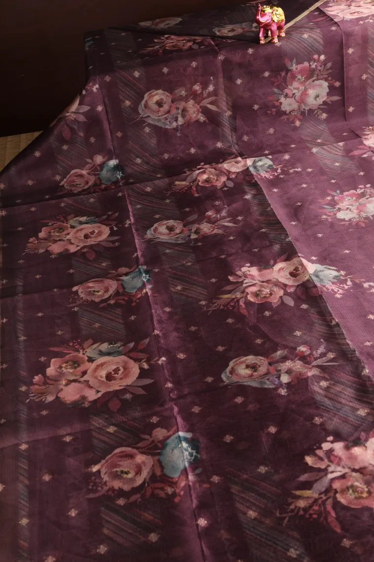 Jam Purple Semi Tussar Silk with Bronze Zari Floral Patterns view 2
