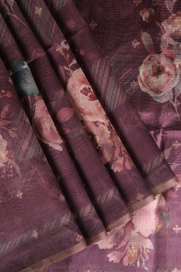 Jam Purple Semi Tussar Silk with Bronze Zari Floral Patterns