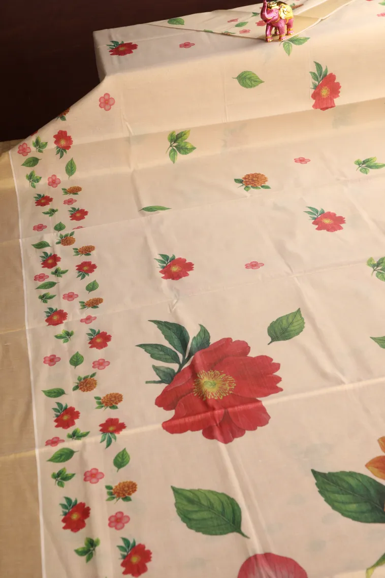 Cream White Kasavu Sarees with Gold Zari Flower Mottif view 2